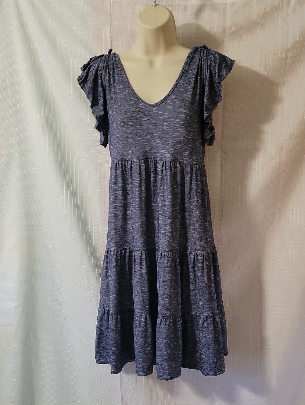 Max Studio Heather Navy Tiered V-Neck Midi Dress with Flutter Sleeves